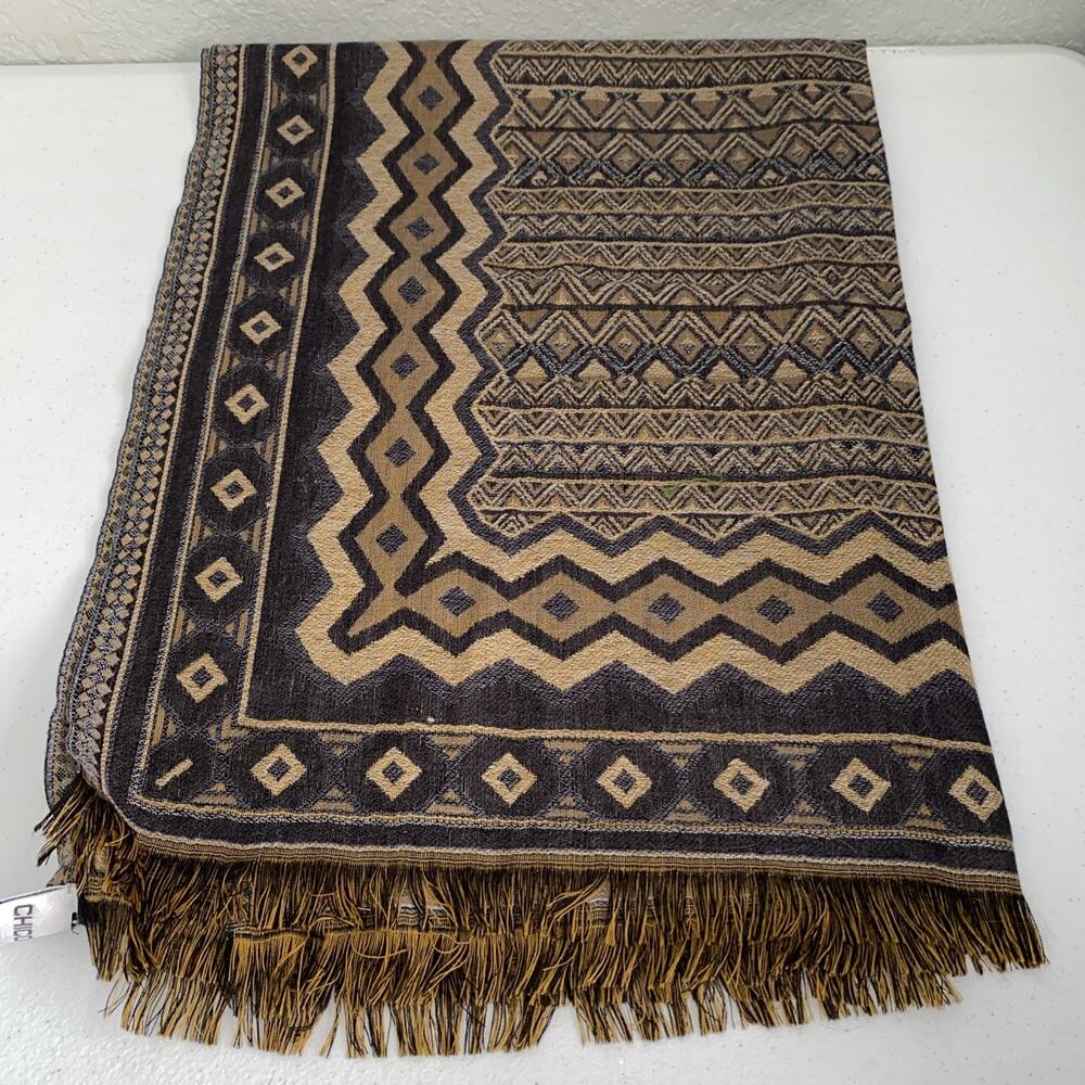 CHICO'S Womens Shawl Wrap Multicolor Blue Brown Fringed OS 100% Wool 84”x26”